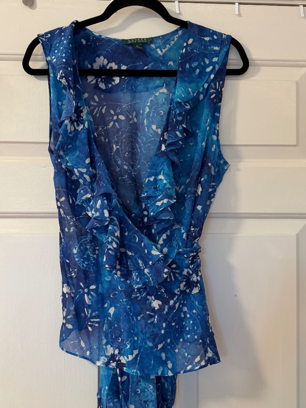 Lauren Ralph Lauren 100% Silk Wrap Blouse Women's XL Blue Ruffle Sleeveless Top